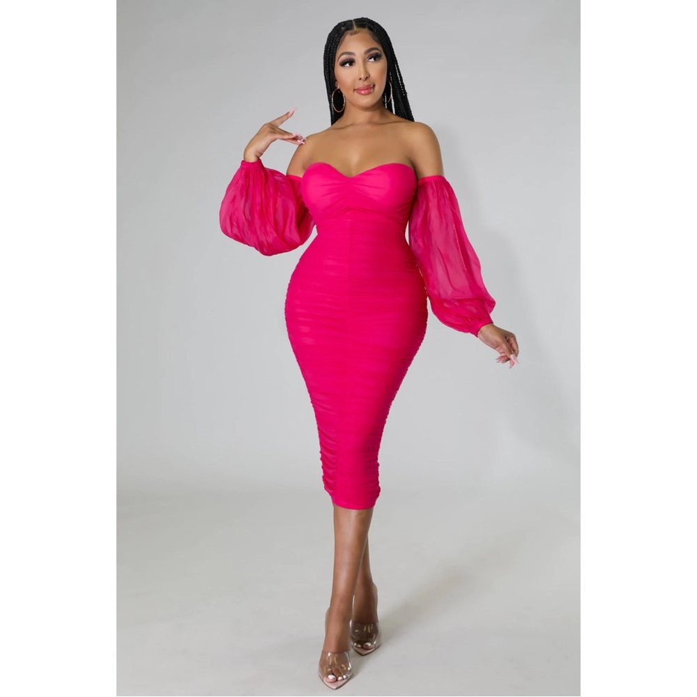 SOLD OUT FUCHSIA OFF SHOULDER SHEER BALLOON SLEEVE DRESS